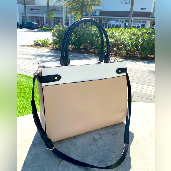 Kate Spade Silver Logo Leather Beige Black & White Tote Crossbody Satchel - Picture 10 of 16